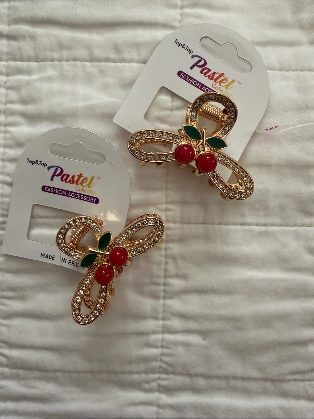 2- Gold Cherry Rhinestone Hair Clip -